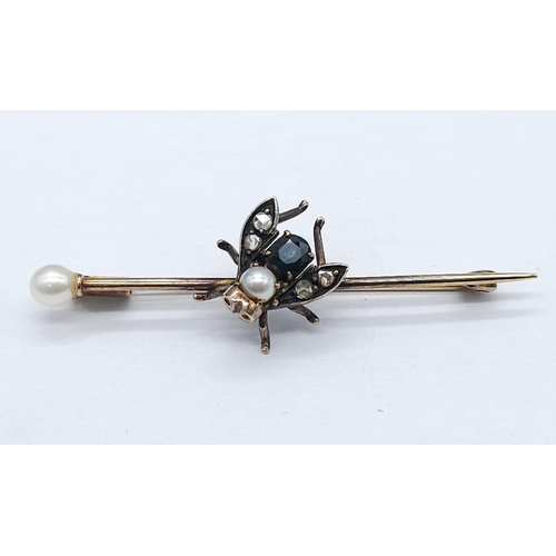 1130 - A Victorian Mid-Karat Gold, Silver, Pearl, Diamond and Sapphire Fly Brooch! Top-level craftmanship a... 