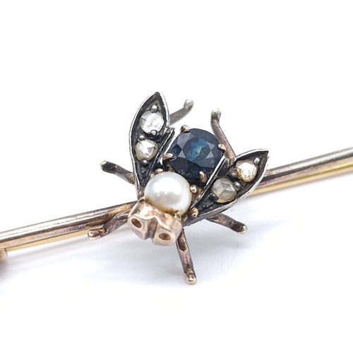 1130 - A Victorian Mid-Karat Gold, Silver, Pearl, Diamond and Sapphire Fly Brooch! Top-level craftmanship a... 