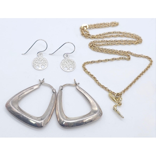 1139 - Three Silver Pieces: A gilded necklace and two pairs of earrings.