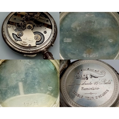 1119 - A beautiful early 1900's, BREVET French Pocket Watch.
Stamped 800 SILVER and weighs 95.5g
Face, glas... 