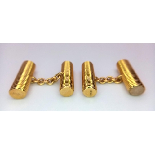 15 - A Pair of Theo Fennell Designer 18K Yellow Gold Cufflinks. Beautifully hand-crafted ridged cylinders... 