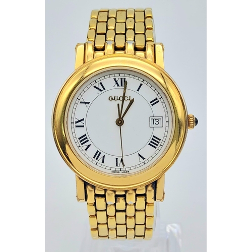 156 - A Genuine, Very Good Condition, Gold Tone Gucci Watch with Full Boxes & Papers. 37mm Including Crown... 