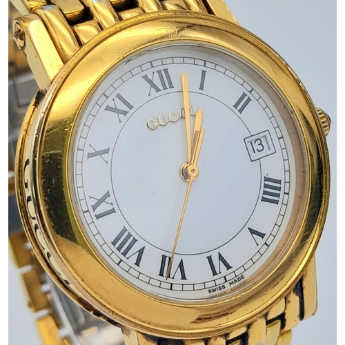 156 - A Genuine, Very Good Condition, Gold Tone Gucci Watch with Full Boxes & Papers. 37mm Including Crown... 