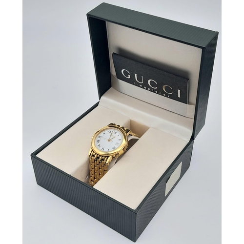 156 - A Genuine, Very Good Condition, Gold Tone Gucci Watch with Full Boxes & Papers. 37mm Including Crown... 