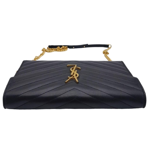 241 - A Saint Laurent Black Leather Flap Handbag. Decorative chevron exterior with gold furniture. YSL gol... 