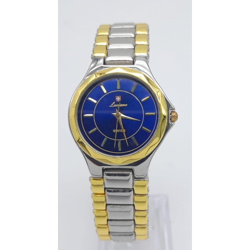 306 - An Unworn Ladies Swiss Blue Face Bi-Metal Quartz Watch by Luciano. 34mm Including Crown. Replacement... 