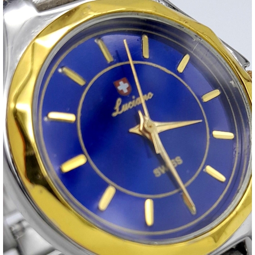 306 - An Unworn Ladies Swiss Blue Face Bi-Metal Quartz Watch by Luciano. 34mm Including Crown. Replacement... 