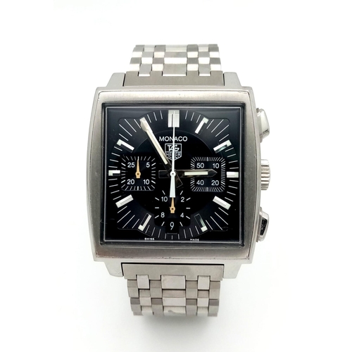 50 - A Tag Heuer Monaco Chronograph Gents Watch. Stainless steel bracelet and case - 39mm width. Black di... 