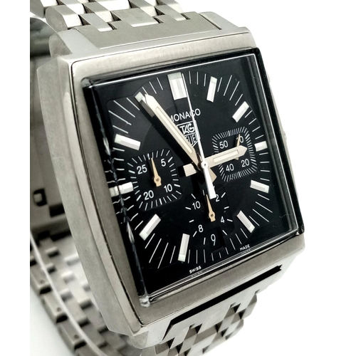 50 - A Tag Heuer Monaco Chronograph Gents Watch. Stainless steel bracelet and case - 39mm width. Black di... 