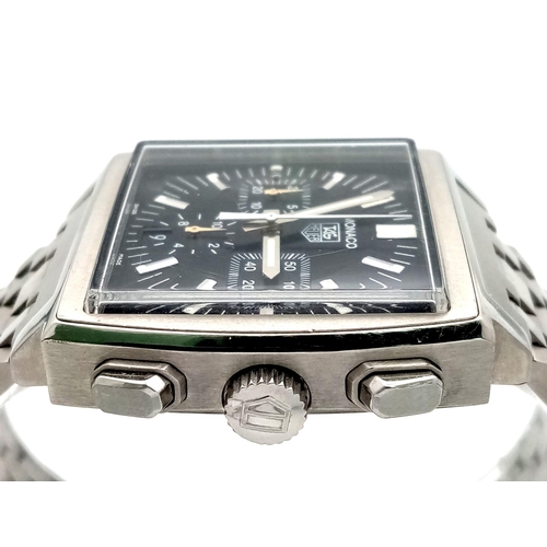 50 - A Tag Heuer Monaco Chronograph Gents Watch. Stainless steel bracelet and case - 39mm width. Black di... 