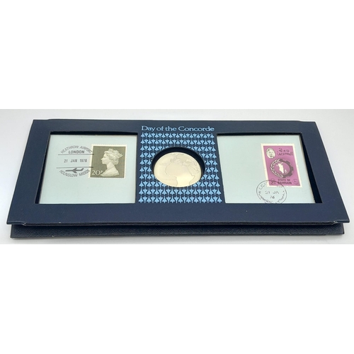 748 - A Mint Condition Sterling Silver Medal and First Day Stamp Cover Set of the First ‘Day of Concorde’ ... 