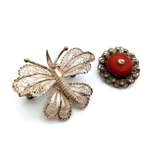 951 - A Parcel of Two Vintage or Antique Silver Filigree Brooches Comprising; 1) A Butterfly Bar Brooch-3.... 