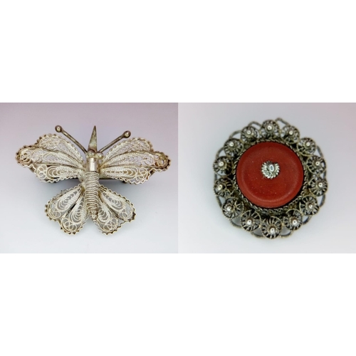 951 - A Parcel of Two Vintage or Antique Silver Filigree Brooches Comprising; 1) A Butterfly Bar Brooch-3.... 