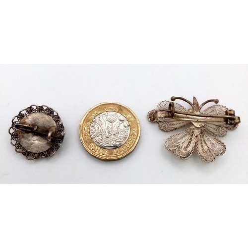 951 - A Parcel of Two Vintage or Antique Silver Filigree Brooches Comprising; 1) A Butterfly Bar Brooch-3.... 