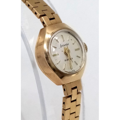 411 - An Accurist 21 Jewel 9K Gold Ladies Watch. 9K gold bracelet and case - 15mm. White dial. Mechanical ... 