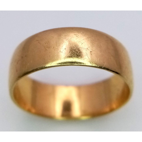 302 - An 18K Yellow Gold (tested) Band Ring. 6mm width.  Size L. 4.3g weight.