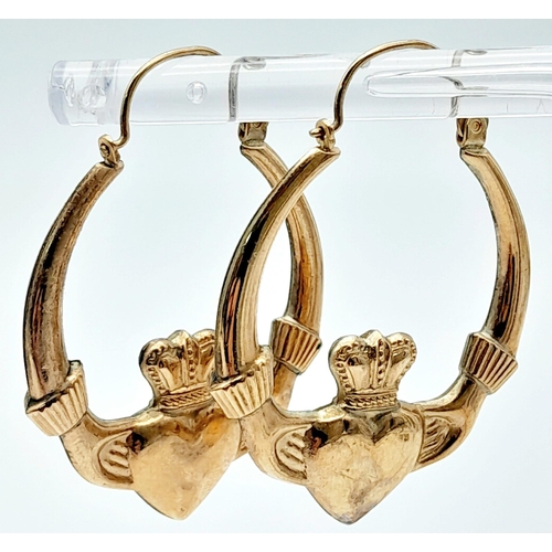 467 - A Pair of Vintage 9K Yellow Gold Claddagh Creole Earrings. 3.5cm drop. 2.66g total weight.