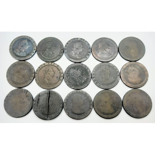 622B - 15x Low Grade George III Cartwheel Pennies.