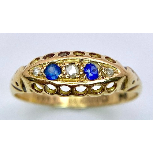 109 - AN ANTIQUE 18K YELLOW GOLD  DIAMOND & SAPPHIRE RING, WEIGHT 1.5G SIZE M, HALLMARKED CHESTER 1914