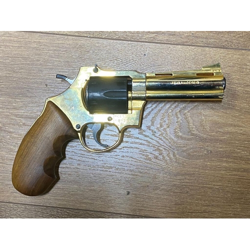 199 - A Deactivated German Brocock Gold Plated Magnum Revolver. Hardwood grips. Some wear on the gold plat... 