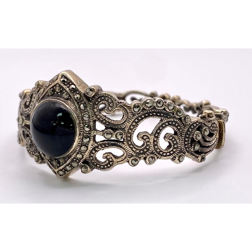 292 - An Excellent Condition Vintage or Antique Sterling Silver, Onyx and Marcasite Filigree Design Bracel... 