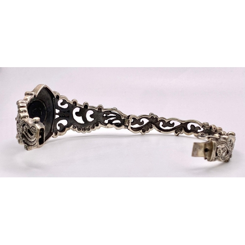 292 - An Excellent Condition Vintage or Antique Sterling Silver, Onyx and Marcasite Filigree Design Bracel... 