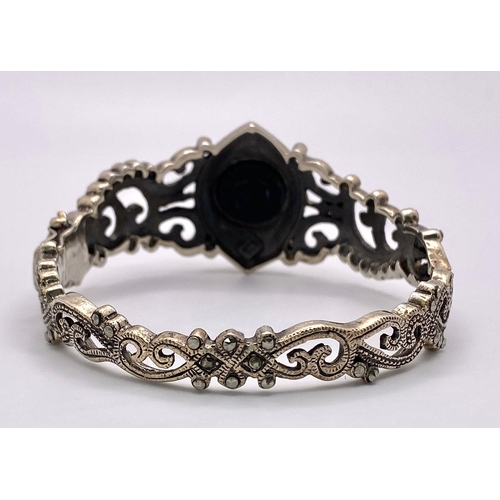 292 - An Excellent Condition Vintage or Antique Sterling Silver, Onyx and Marcasite Filigree Design Bracel... 