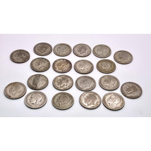 299 - A Parcel of 20 Pre-1947 British Silver Two Shilling (Florin) Coins. Dates 1922-1938. Gross Weight 22... 