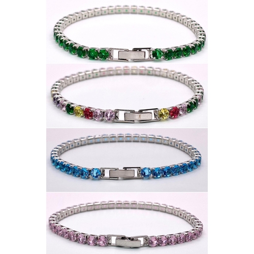 323 - A Wonderful  Selection of Four Different Brightly Coloured CZ Stone Tennis Bracelets. Ice blue, emer... 