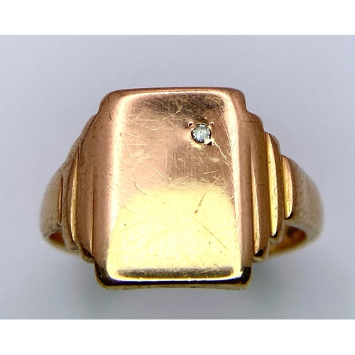 38 - 9K YELLOW GOLD VINTAGE SIGNET RING SET WITH A DIAMOND, WEIGHT 4.8G SIZE N HALMARKED LONDON 1957