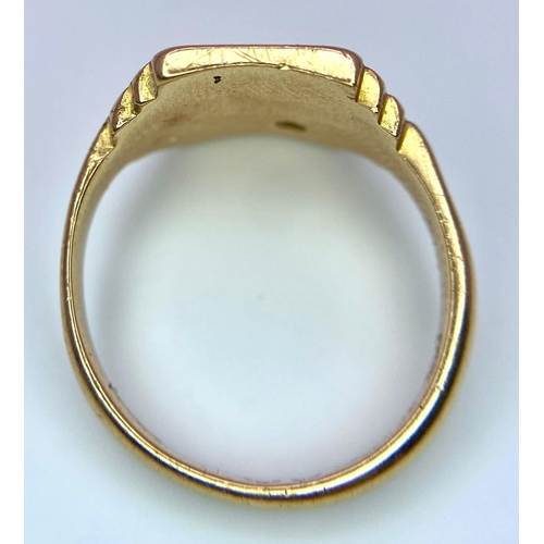 38 - 9K YELLOW GOLD VINTAGE SIGNET RING SET WITH A DIAMOND, WEIGHT 4.8G SIZE N HALMARKED LONDON 1957