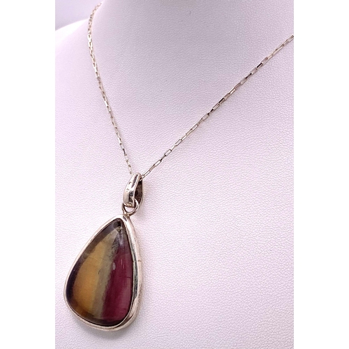 468 - A Vintage and Unique Sterling Silver Fluorite Cabochon Pendant Necklace. 51cm Length Sterling Silver... 