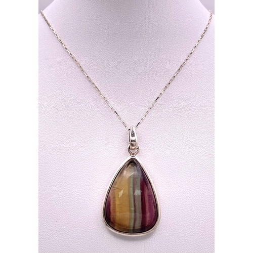 468 - A Vintage and Unique Sterling Silver Fluorite Cabochon Pendant Necklace. 51cm Length Sterling Silver... 