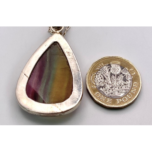 468 - A Vintage and Unique Sterling Silver Fluorite Cabochon Pendant Necklace. 51cm Length Sterling Silver... 