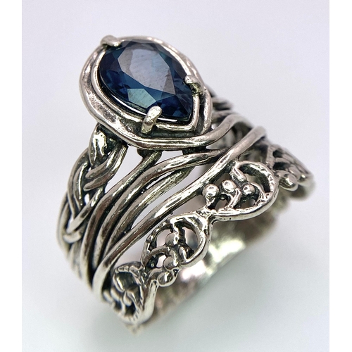 482 - A Vintage and Unique Sterling Silver Topaz Set Filigree Design Ring Size S. Set with a 1cm Long Pear... 