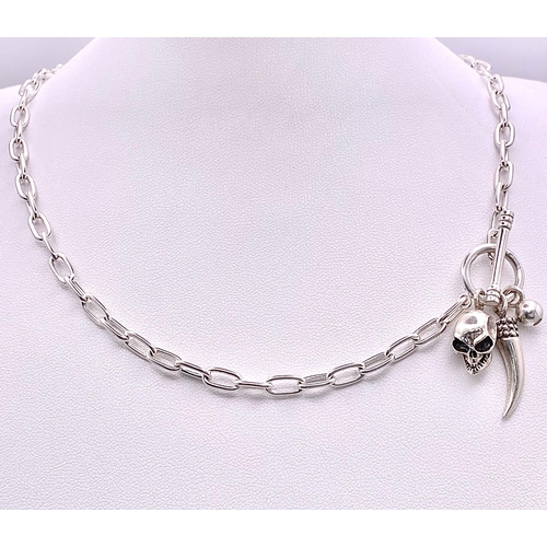 783 - A Very Unique Sterling Silver Skull and Claw T-Bar Necklace. 46cm Length. Gross Weight 21.63 Grams.