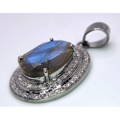 688B - An 8.10ct Labradorite with Rose Cut Diamond Surround Pendant on 925 Sterling Silver. Diamonds- 0.30c... 