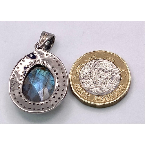 688B - An 8.10ct Labradorite with Rose Cut Diamond Surround Pendant on 925 Sterling Silver. Diamonds- 0.30c... 