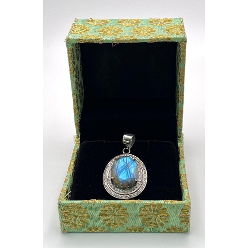 688B - An 8.10ct Labradorite with Rose Cut Diamond Surround Pendant on 925 Sterling Silver. Diamonds- 0.30c... 