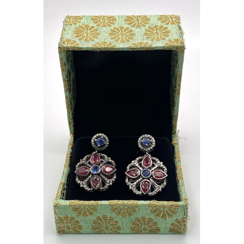 715B - An Antique Style Pair of Ruby, Kyanite and Rose cut Diamond Circular Earrings. Rubies and Kyanites -... 