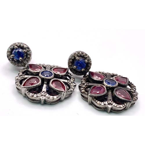 715B - An Antique Style Pair of Ruby, Kyanite and Rose cut Diamond Circular Earrings. Rubies and Kyanites -... 