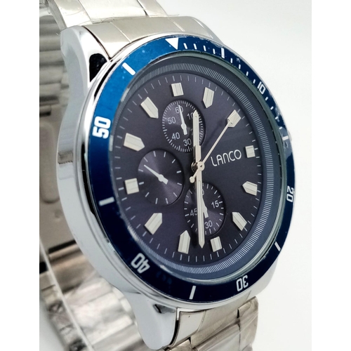 690B - A Lanco Blue Dial Quartz Gents Watch. Stainless steel bracelet and case - 44mm. Blue dial with three... 