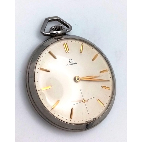 698B - A VINTAGE TOP WINDING OMEGA POCKET WATCH WITH GOLD HANDS AND NUMERALS IN EXCELLENT CONDITION .  50mm