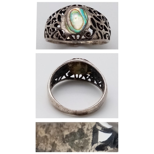 942B - 2X Vintage 925 silver solitaire rings include a big Turquoise centre ring, size K and a Mother of pe... 