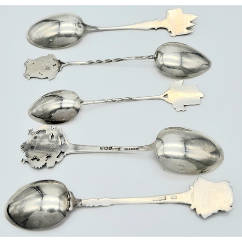 401 - Five Decorative Sterling Silver Placename Spoons. London, Bournemouth, Whitby, Worcester and Ilfraco... 