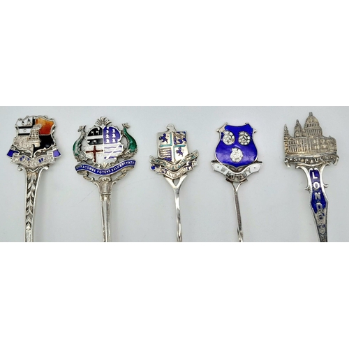 401 - Five Decorative Sterling Silver Placename Spoons. London, Bournemouth, Whitby, Worcester and Ilfraco... 