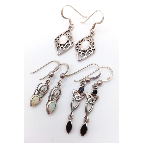 950B - A set of 3 pairs of sterling silver stone set earrings: Moonstone, Opal and black Onyx. Total weight... 