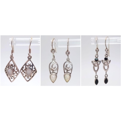 950B - A set of 3 pairs of sterling silver stone set earrings: Moonstone, Opal and black Onyx. Total weight... 