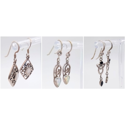 950B - A set of 3 pairs of sterling silver stone set earrings: Moonstone, Opal and black Onyx. Total weight... 