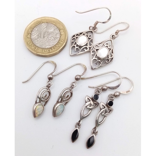 950B - A set of 3 pairs of sterling silver stone set earrings: Moonstone, Opal and black Onyx. Total weight... 